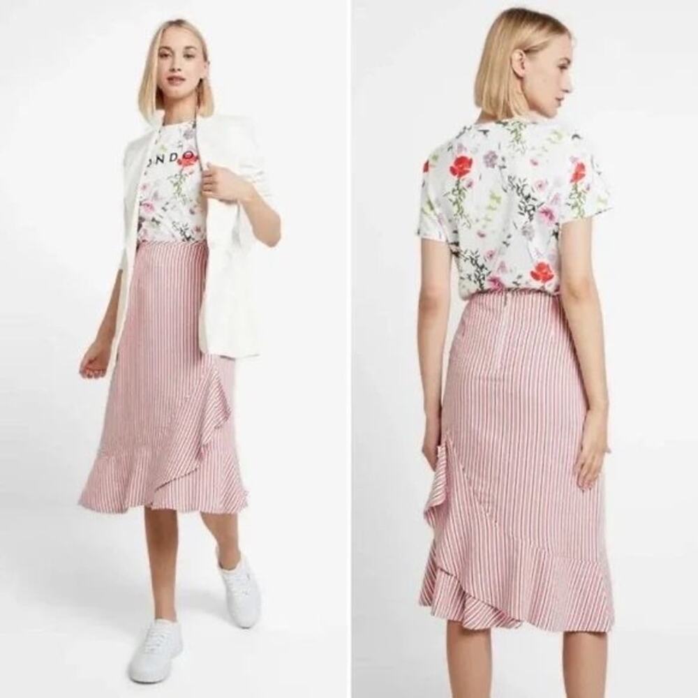 Ted Baker Pink and White Striped Midi Ruffle Skirt